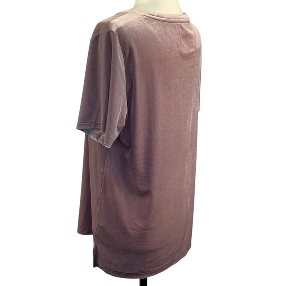 Elevated Basic T-shirt Velveteen Statement Top S-Sleeve Side Slit Dusty Rose M - Picture 8 of 12